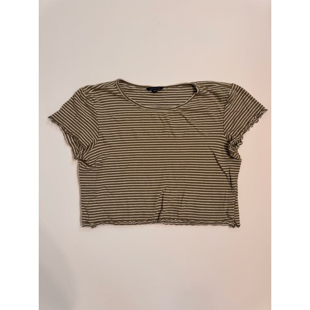 American Eagle Women's Green/White Cropped Short Sleeve T-Shirt Size L